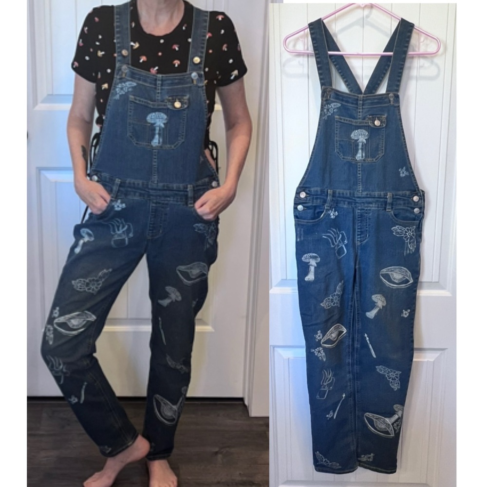 Jordache Overalls Mushrooms Floral Eye Tag Sz 14/16 kids also fit Juniors 3/5